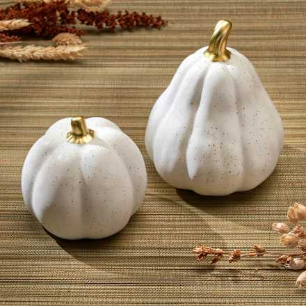 Keramikkürbis mit goldenem Stiel, weiß, groß Dekorieren & Einrichten