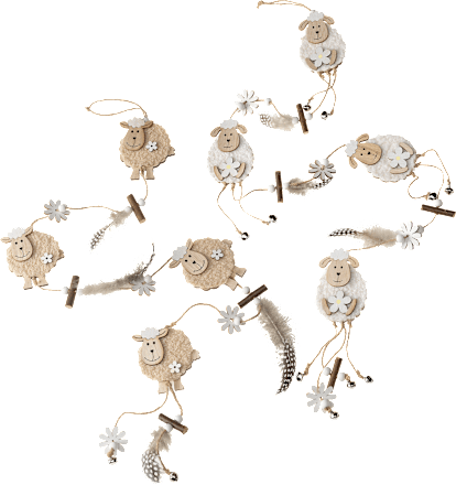 Holzgirlande Schafe mit Wolle, Glöckchen, Federn & Blumen, creme/beige keine Marke