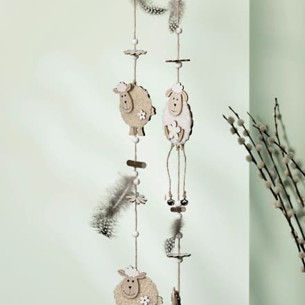 Holzgirlande Schafe mit Wolle, Glöckchen, Federn & Blumen, creme/beige keine Marke