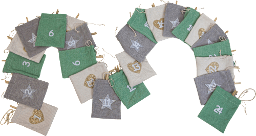 Adventskalender Set mit Cordsäckchen mint-grau-creme und Holzklammern keine Marke