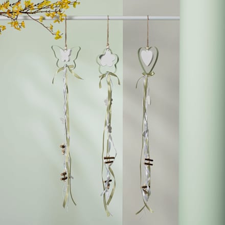 Metall Schmetterling/Blume/Herz mit Bändern & Perlen zum Aufhängen, weiß-hellgrün keine Marke