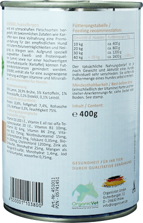 Nassfutter Hund mit Lamm, sensibel hypoallergen, Multipack (6x400 g) OrganicVet