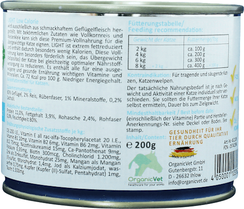 Nassfutter Katze mit Geflügel, Light low calorie, Multipack (6x200 g) OrganicVet