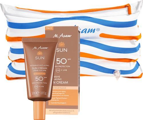 Sonnencreme Gesicht Anti-Aging LSF 50 + beach pillow bag M. Asam