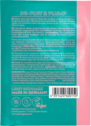 Hidrogelne blazinice za predel okoli oči Deep Hydration BIO:VEGANE