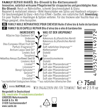 Haaröl Repair Family Bio-Olivenöl & Bio-Klettensamenöl SANTE NATURKOSMETIK