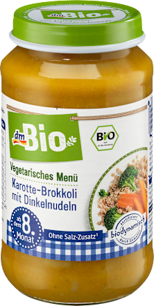 Vegetarisches Menü Karotte-Brokkoli mit Dinkelnudeln ab dem 8. Monat, Demeter dmBio