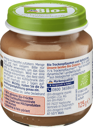 Früchte Trockenpflaume in Apfel nach dem 4. Monat, Demeter dmBio