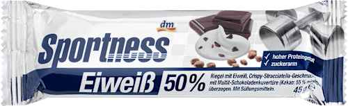 Eiweiß-Riegel 50%, Crispy-Stracciatella-Geschmack, mit dunkler Schokoladenkuvertüre überzogen Sportness