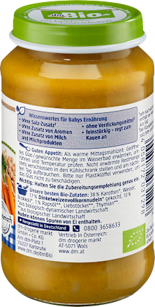 Vegetarisches Menü Karotte-Brokkoli mit Dinkelnudeln ab dem 8. Monat, Demeter dmBio