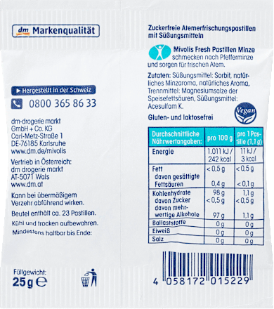Pastillen, Minze, zuckerfrei Mivolis