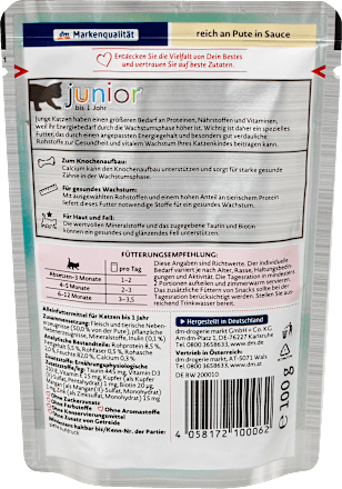 Mokra karma dla kota Junior, bogata w indyka w sosie Dein Bestes