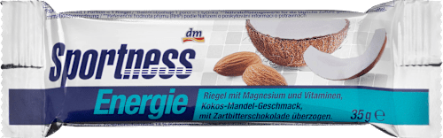 Energie-Riegel, Kokos-Mandel-Geschmack, mit Magnesium, mit Zartbitterschokolade überzogen Sportness