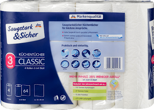 Papírtörlő Classic, 3-rétegű, 4x64 lap Saugstark&Sicher