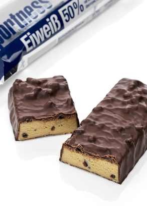 Eiweiß-Riegel 50%, Crispy-Stracciatella-Geschmack, mit dunkler Schokoladenkuvertüre überzogen Sportness