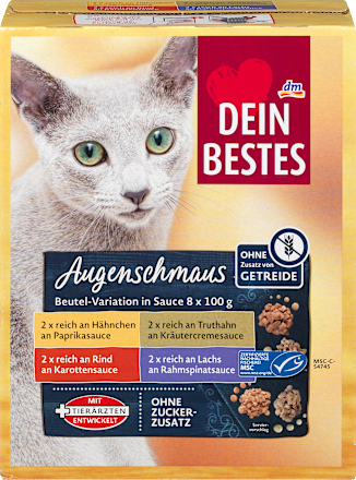 Nassfutter Katze reich an Huhn, Lachs, Rind & Truthahn in Sauce, Multipack (8x100 g) Dein Bestes