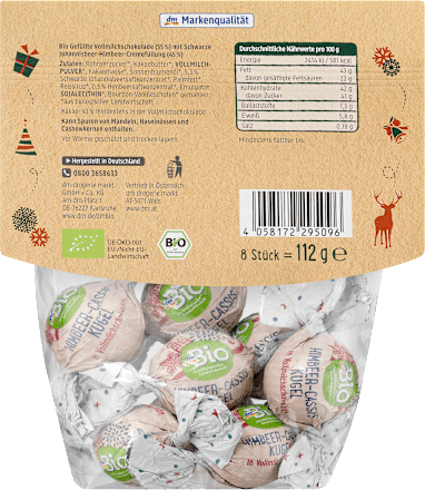 Himbeer Cassis Kugeln in Vollmilchschokolade dmBio