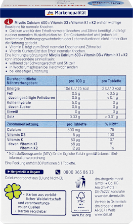 Wapń 600 + witaminy D3 + K1 + K2, 30 szt. Mivolis