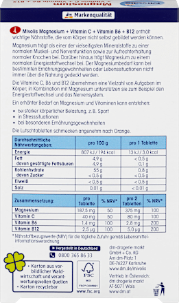 Magnezij + vitamin C + vitamin B6 i B12 pastile s okusom naranče, 30 kom. Mivolis