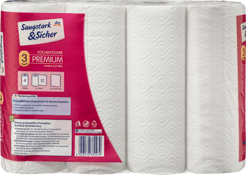 Küchenrolle Premium 3-lagig (4x51 Blatt) Saugstark&Sicher