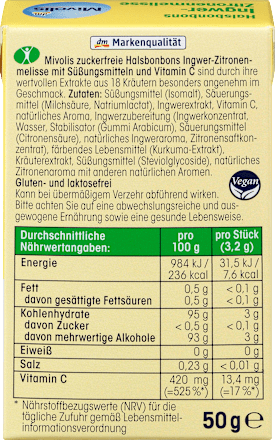 Bonbon, Ingwer-Zitronenmelisse, zuckerfrei Mivolis