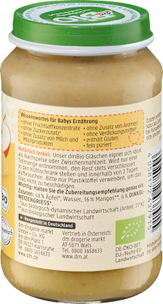 Mus jabłko-mango z kaszką orkiszową od 5. miesiąca życia, Demeter dmBio