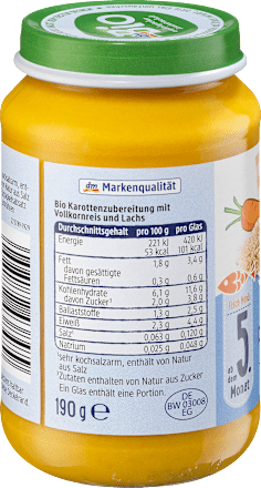 Menü Karotten mit Reis und Lachs ab dem 5. Monat dmBio