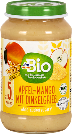 Voćna kašica – jabuka, mango i griz od pira, 5+ mj. dmBio