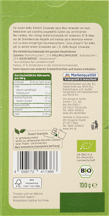 Schokolade, Vollmilch Schokolade ganze Haselnuss 20 % dmBio