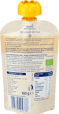 Плодово пюре манго, банан и ябълка с моркови, 1+г babylove