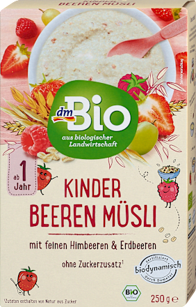 Bio müzli gyerekeknek málnával és eperrel, 1 éves kortól dmBio