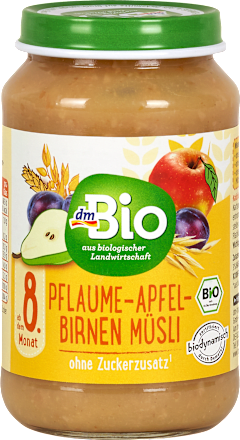 Bio sadni pripravek iz sliv, jabolk in hrušk s polnozrnatimi žitnimi kosmiči, od 8. meseca dmBio
