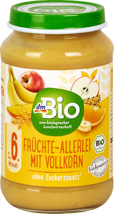 Bio sadni pripravek iz jabolk, banan in manga s polnozrnatimi žitnimi kosmiči dmBio