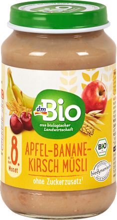 Bio sadna kašica iz jabolk, banan in višenj s polnozrnatimi žitnimi kosmiči dmBio