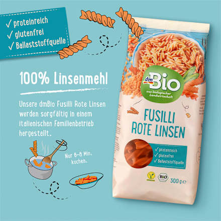 Nudeln, Fusilli aus roten Linsen dmBio