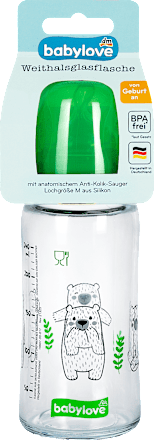 Стъклено бебешко шише с широко гърло, 0+ месеца, различни мотиви/цветове babylove