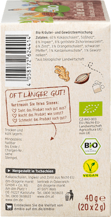 Herbatka czekoladowy czaj Podróż do Orientu, łupiny kakaowca, imbir & cynamon (20 x 2 g) dmBio