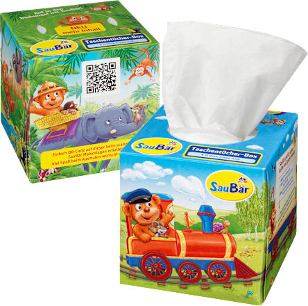 Taschentücher Box sortiert (Dschungel & Lokomotive)  SauBär