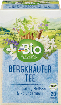 dmBioKräutertee Bergkräuter mit Grünhafer, Melisse & Holunderblüte (20 Beutel), 35 g