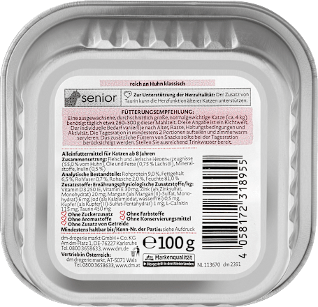 Hrană umedă pentru pisici senior cu aromă de pui Dein Bestes