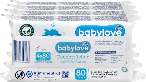 Feuchttücher mit 99% Wasser (4 x 80 Stück) babylove