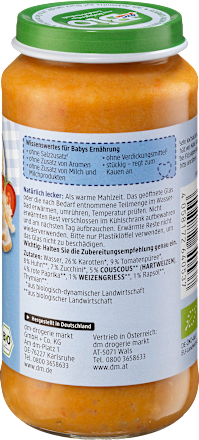 Menü Gemüse-Couscous mit Huhn, ab dem 12. Monat dmBio