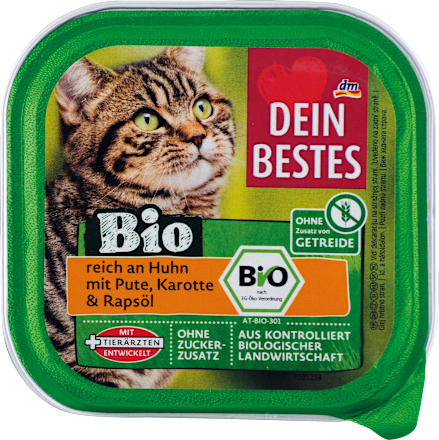 Bio popolna hrana za mačke s kokošjo, puro, korenjem in repičnim oljem DEIN BESTES