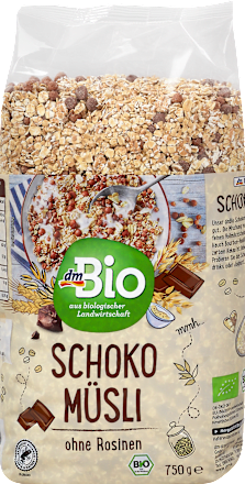 Bio muesli s polnozrnatimi ovsenimi in pšeničnimi kosmiči s polnomlečno čokolado dmBio