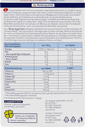Augen Extra Sehkraft + Schutz, Tag + Nacht, Kapseln, 30 St. Mivolis
