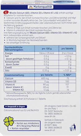 Calcium 600 + Vitamin D3 + K1 + K2, 30 St Mivolis