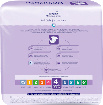 Windeln Premium Gr. 4+, Maxiplus, 9-15 kg babylove