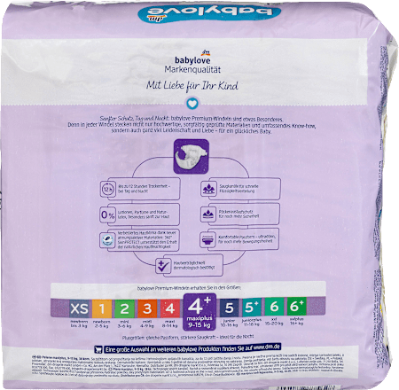 Windeln Premium Gr. 4+ Maxiplus (9-15 kg) babylove