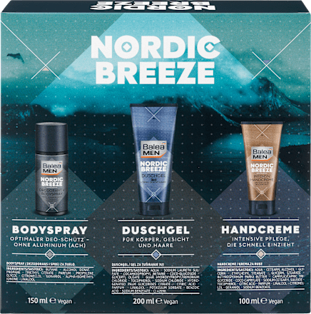 Geschenkset Nordic Breeze Bodyspray 150ml + Duschgel 200ml + Handcreme 100ml Balea MEN