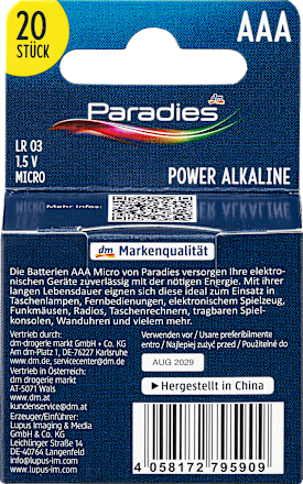 alkalické baterie AAA velké balení Paradies